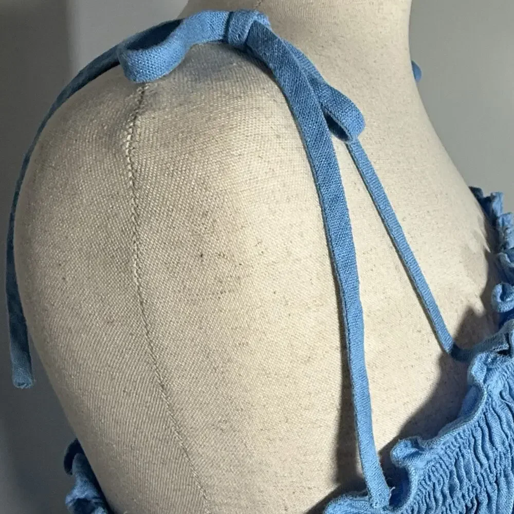 Blue Smocked Midi Dress Faux Button Front Linen Blend Boho Coastal Minimalist XL - Picture 9 of 15